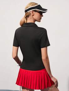 CourtClass Casual Versatile Polo Collar Button Front Letter Print Short Sleeve Slim Fit Women Golf Polo Shirt - Black - View 2