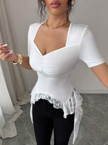 Elenzga Áo thun nữ màu trắng dệt kim thanh lịch, thời trang, cổ tim, tay ngắn, ôm eo, vạt áo bất đối xứng, trang trí ren, thích hợp cho đi làm, dạo phố, phong cách lãng mạn Pháp, thường ngày, retro Trung Đông, tiệc trà chiều, dự tiệc, mùa xuân/hè. - trắng - Xem 3
