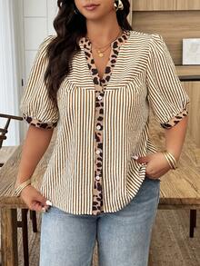 Weeklong 大码女式春夏翻领条纹拼接豹纹休闲度假衬衫 - 彩色 - 查看 5