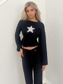 Sydney Algeri Women's Casual Star Pattern Sweater, Autumn - Black - View 1