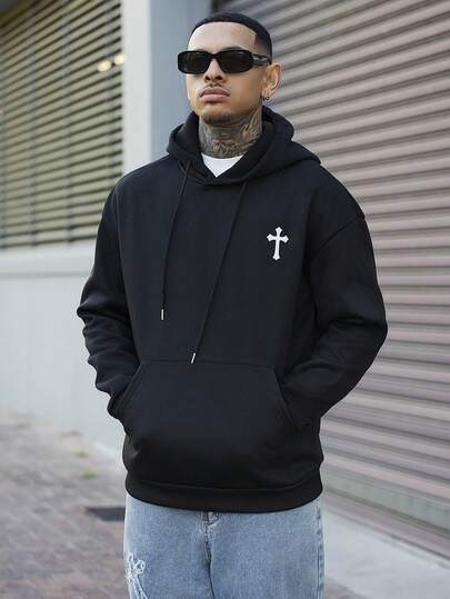 Devon Thys 男士休闲简约十字印花抽绳连帽衫，带口袋，适合返校季、秋冬季节，长袖上衣