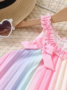 SHEIN Glamorique Kids 女童無袖彩虹條紋分層短洋裝，馬卡龍粉色夏季仙女生日套裝，圓領漸層壓褶洋裝 - 彩色 - 查看 7