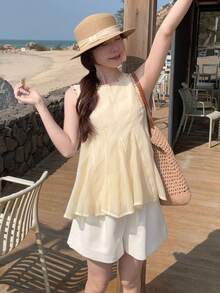 DAZY Áo kiểu nữ không tay cổ tròn phối ren tương phản, viền bèo nhún, thích hợp cho mùa hè. - Màu be - Xem 4