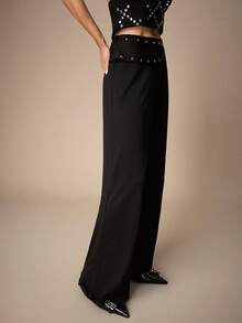 Maija 女士纯色直筒宽松金属铆钉设计长裤 女士正装裤 - 黑色 - 查看 5