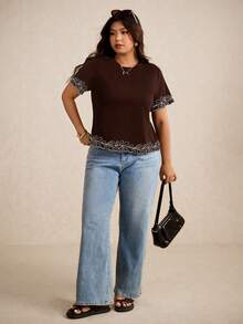 Elaquor Plus Size Round Neck Short Sleeve Casual Loose Summer Versatile T-Shirt - Brown - View 4