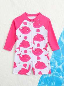 Traje de baño de una pieza de manga larga para bebé niña con estampados aleatorios - Rosa Fucsia - Ver 6