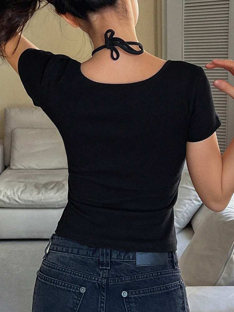 Elegant Lace Patchwork Sheer Slim Fit Short Sleeve T-Shirt, Suitable For Party, Valentine's Day, Spring/Summer