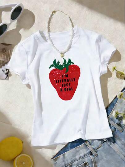 Lalippa Women's Strawberry Print Round Neck Short Sleeve Casual T-Shirt