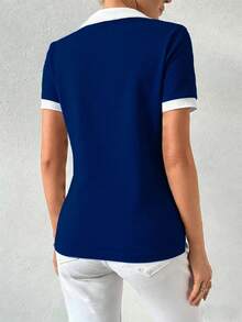 RosyDaze 女士休闲简约撞色滚边翻领短袖T恤，适合通勤，夏季白蓝上衣，女士Polo衫，学院风上衣，女士Polo衫，皇家蓝上衣，蓝色衬衫，女士办公上衣，蓝白上衣，撞色上衣 - 藍色 - 查看 2