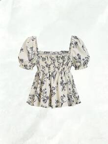 SHEIN Franclia Blusa feminina casual de verão com mangas curtas, estilo INS, perfeita para férias. Blusa feminina fofa e floral para o verão. - Damasco - Ver 2