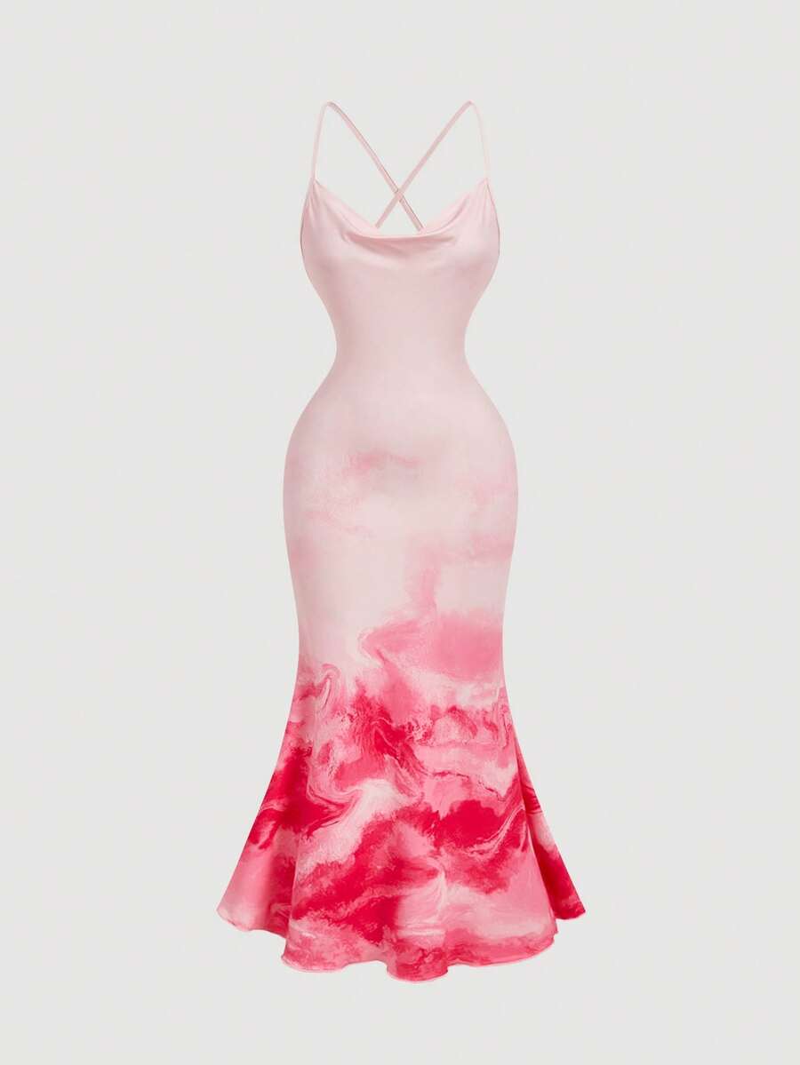 SHEIN MOD 吊带露背扎染渐变修身鱼尾连衣裙 - 粉色 - 查看 1