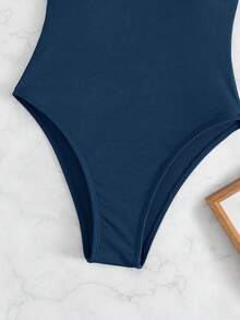 SHEIN Swim Áo tắm liền thân nữ màu trơn, chất liệu gân, kiểu dáng thường ngày, thích hợp cho kỳ nghỉ. - Màu xanh ngọc - Xem 6