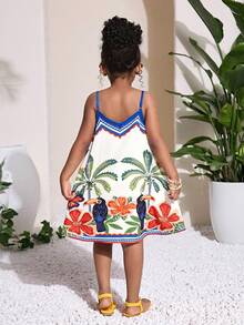 Young Girl Vacation Summer Blue Totem Tropical Plant Floral Pattern Spaghetti Strap A-Line Dress - Blue - View 2