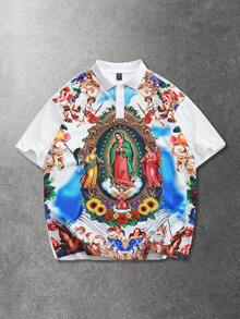 ROMWE MEN Prep Men's Street Graphic Print Polo Shirt, Suitable For Everyday Wear, Spring/Summer - White - View 8