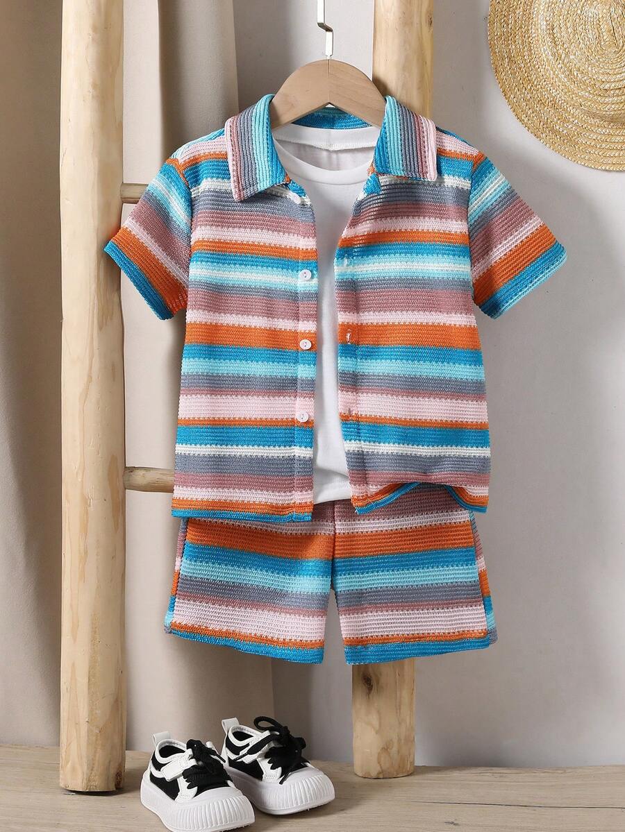 SHEIN Vintaside Kids Summer Two Piece Set Boys Boy Collared Shirt And Shorts Set Boys Shirt And Shorts Set Crochet Two Piece Set Kids Little Boy Two Piece Set - Colorful - View 1