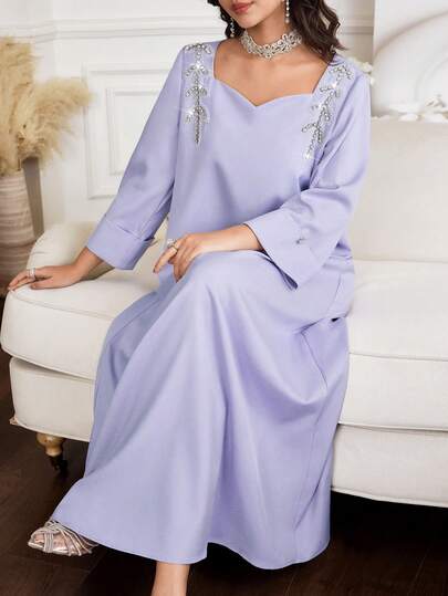 Yasmyna 女士纯色水钻装饰宽松阿拉伯风格连衣裙