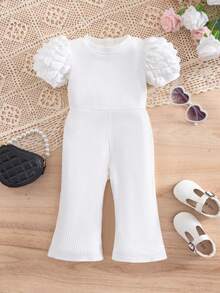 SHEIN 女婴可爱夏季针织百搭泡泡袖连体衣 - 白色 - 查看 1