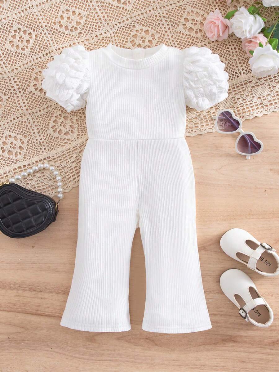 SHEIN 女婴可爱夏季针织百搭泡泡袖连体衣 - 白色 - 查看 1