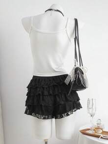 SHEIN Váy ngắn ren xếp lớp màu đen phong cách đường phố thường ngày dành cho bé gái tuổi teen. - màu đen - Xem 2