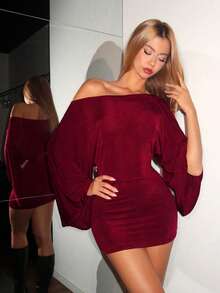 SHEIN PETITE Đầm ngắn trễ vai màu trơn gợi cảm thời trang nữ - Màu Đỏ Sâu - Xem 6