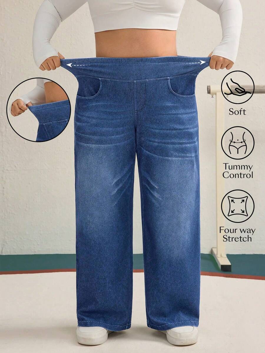 Flexra Plus Size Women Knitted Denim Casual Wide Leg Pants - Medium Wash - View 1
