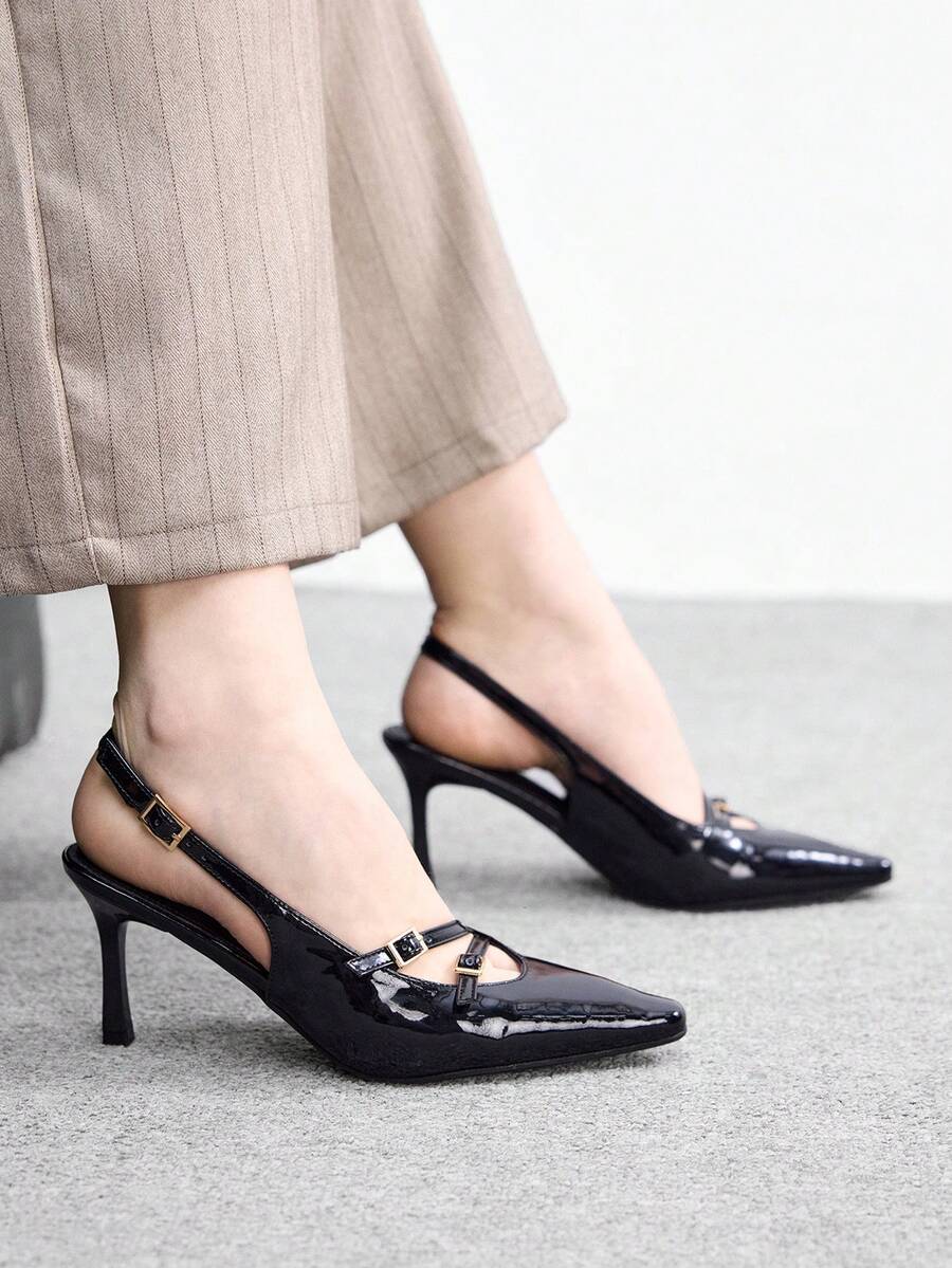 CUCCOO BIZCHIC 女士鞋履春秋新款法式小方头细高跟黑色搭扣露跟简约优雅通勤舒适女式高跟鞋露跟女鞋 - 黑色 - 查看 1