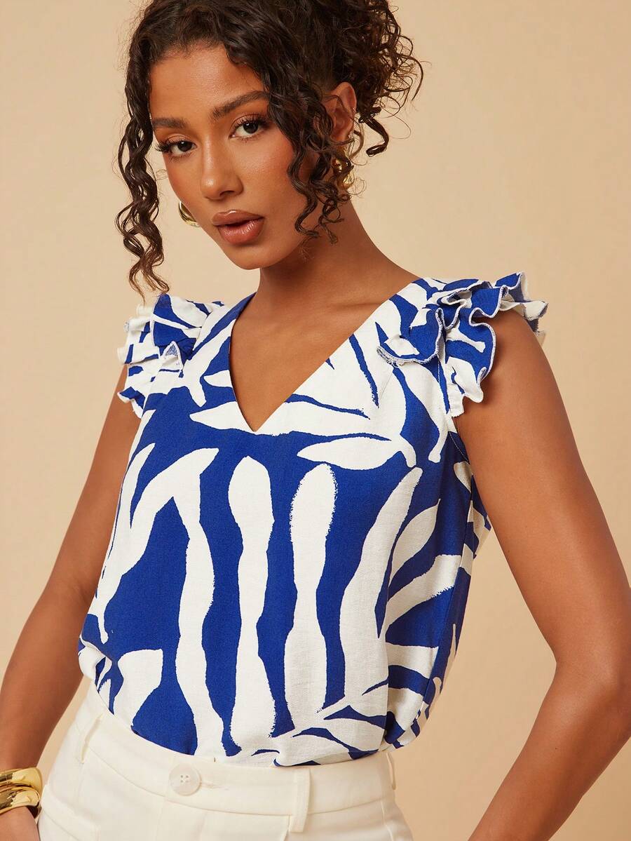 Travachic Top de Manga Curta com Estampa Completa Casual de Férias para Mulheres, Conjunto Casual de Férias para Mulheres, Férias de Verão, Férias da Primavera, Festa, Praia, Primavera, Dia dos Namorados, Dia dos Namorados para Mulheres, Fantasia de Carnaval, Elegante, Floral, Carnaval, Da Primavera ao Verão, Festa, Top de Verão, Top de Dia dos Namorados, Top para Convidada de Casamento, Top de Aniversário, Top de Festa, Top Elegante para Mulheres, Top Floral, Top de Verão, Fantasia de Carnaval, Top Estilo Mexicano Boho para Mulheres - Azul e Branco - Visão 1
