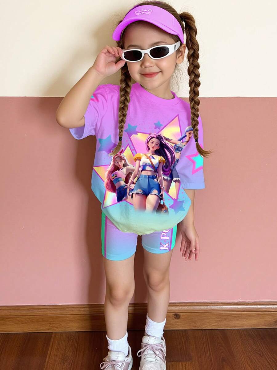 SHEIN 2 pièces/set Haut à manches courtes et short imprimé de dessin animé décontracté pour jeune fille, convient pour l'été - Multicolore - Voir 1