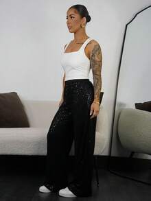 SAYEHFBABY 亮片松紧腰休闲宽松抽绳裤 - 黑色 - 查看 6