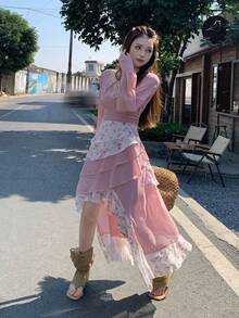 DAZY Women's Sexy V-Neck Asymmetrical Flared Lace Dress - Pink - View 1