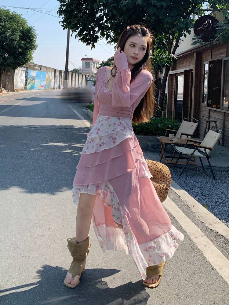 Women's Sexy V-Neck Asymmetrical Flared Lace Dress Sundress