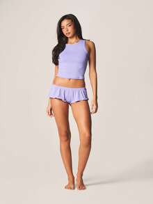 MISSGUIDED Purple Pointelle Ribbed Tank Top And Ruffle Hem Shorts Pajama Set Sleepwear Lounge Comfort Two Piece Matching Coordinates Summer - Purple - View 3