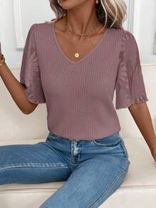 SHEIN Clasi Women's New Elegant Waffle Knit Patchwork Ruffle Sleeve T-Shirt, Versatile For Daily Wear, Commuting And Multiple Occasions - Dusty Pink - View 5
