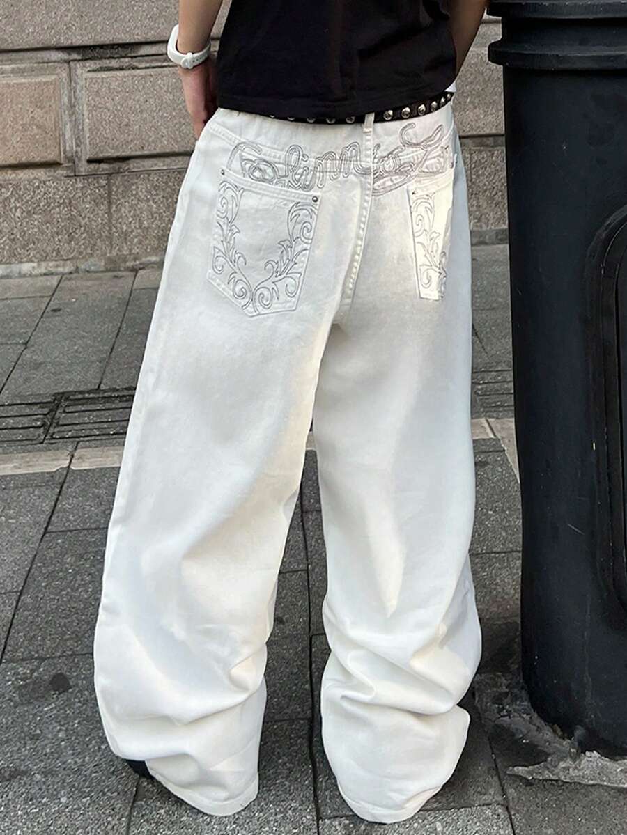 STEELVANCE Men Plus Size Vintage Streetwear Fashion Versatile Embroidered Back Pocket Design Loose Wide Leg Casual Jeans - White - View 1