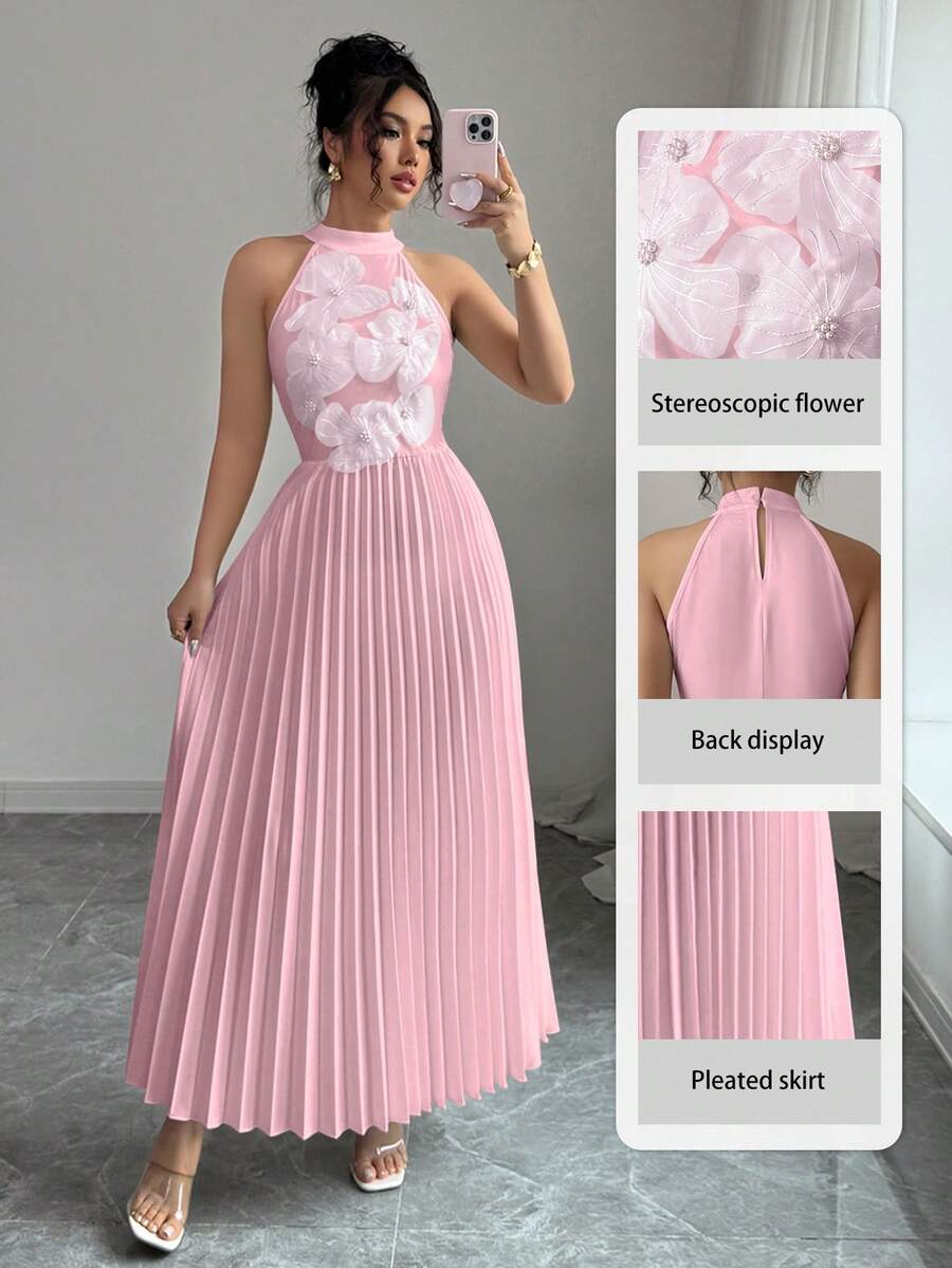 Elenzga Women's Elegant Romantic Pleated Holiday Dress - Baby Pink - View 1