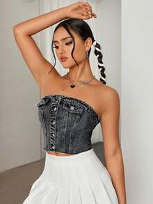 SHEIN ICON 女士时尚街头风水洗开襟抹胸牛仔上衣，夏季 - 灰色 - 查看 6