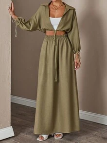 RueChic Bộ đồ hai mảnh dành cho nữ, tay phồng, dáng rộng, màu trơn. - Màu xanh Ô liu - Xem 5