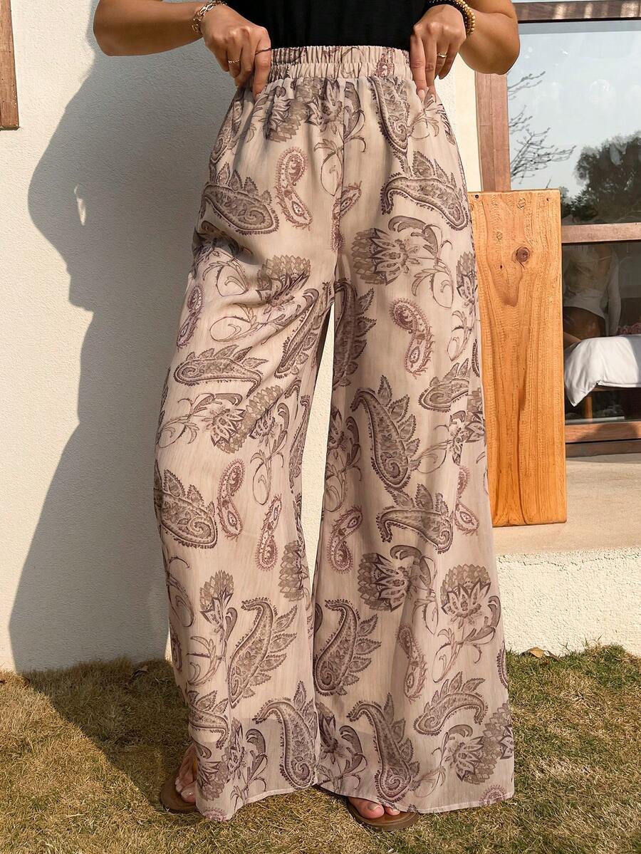 Vivie Lora 女士弹力腰带休闲百搭日常阔腿裤，腰果印花 - 卡其色 - 查看 1