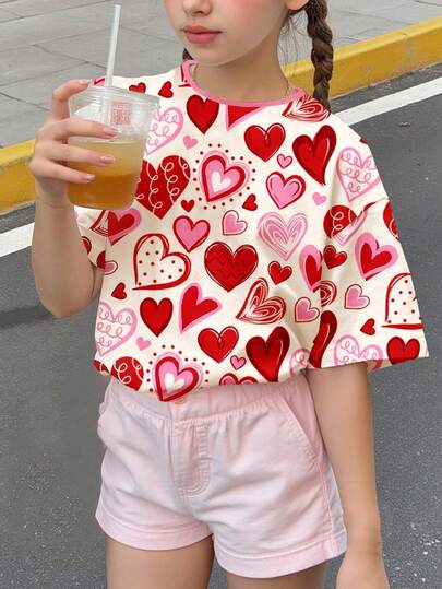 Cute & Sweet Tween Girl Pink Heart Graphic Tee, Casual Minimalist Short Sleeve Round Neck T-Shirt, Suitable For Spring & Summer Everyday Wear, Stylish Girls Casual Outfits, Kids Sweet Heart Graphic Clothes, New Style, Homecoming, Valentine Vibes
