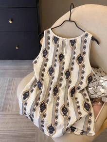 Franclia 2026新款女士印花圆领无袖法式沙滩度假上衣，优雅时尚，休闲百搭，适合通勤、商务办公、日常休闲、约会等场合。 - 彩色 - 查看 2