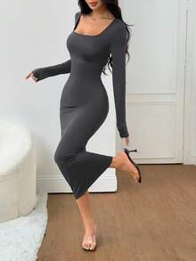 SHEIN PETITE 女士秋冬基础款针织灰色修身方领长袖连衣裙 - 深灰色 - 查看 8