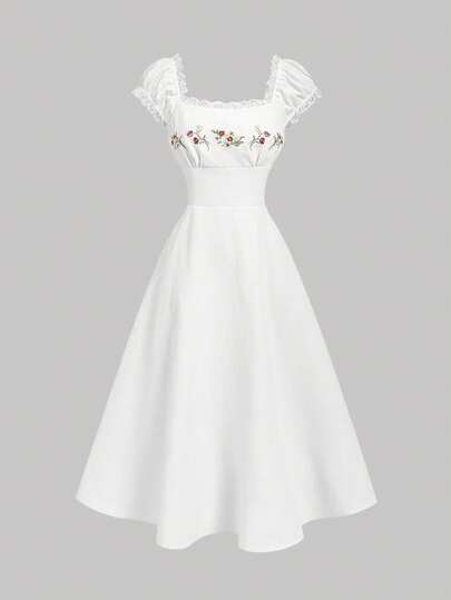 SHEIN MOD Đầm lửng thanh lịch dành cho nữ, thêu hoa và phối ren, thích hợp cho mùa hè.