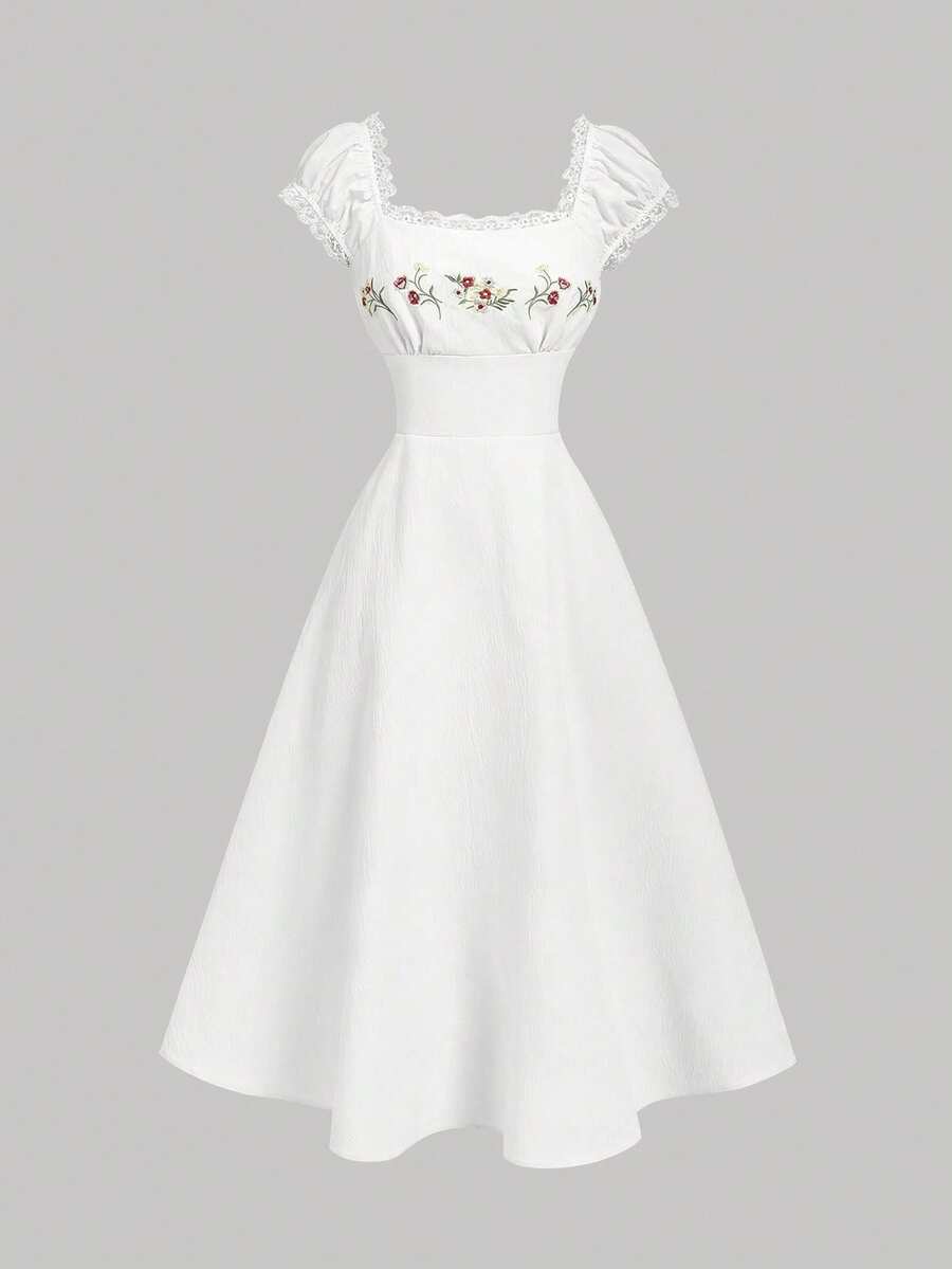 SHEIN MOD 女士优雅花卉刺绣撞色蕾丝中长连衣裙，夏季 - 白色 - 查看 1