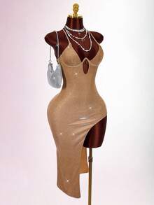 Amplova 无袖钢圈镂空露背交叉绑带性感修身中长连衣裙，适合派对穿着 - 棕色 - 查看 5