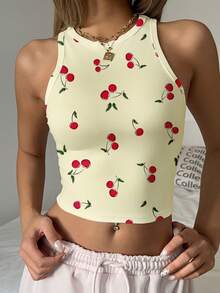 SHEIN EZwear 休闲简约圆领紧身女式背心，樱桃印花图案，适合夏季穿着 - 彩色 - 查看 5
