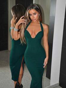 Vestido ajustado sin mangas con cuello hueco para mujeres - Verde Oscuro - Ver 6