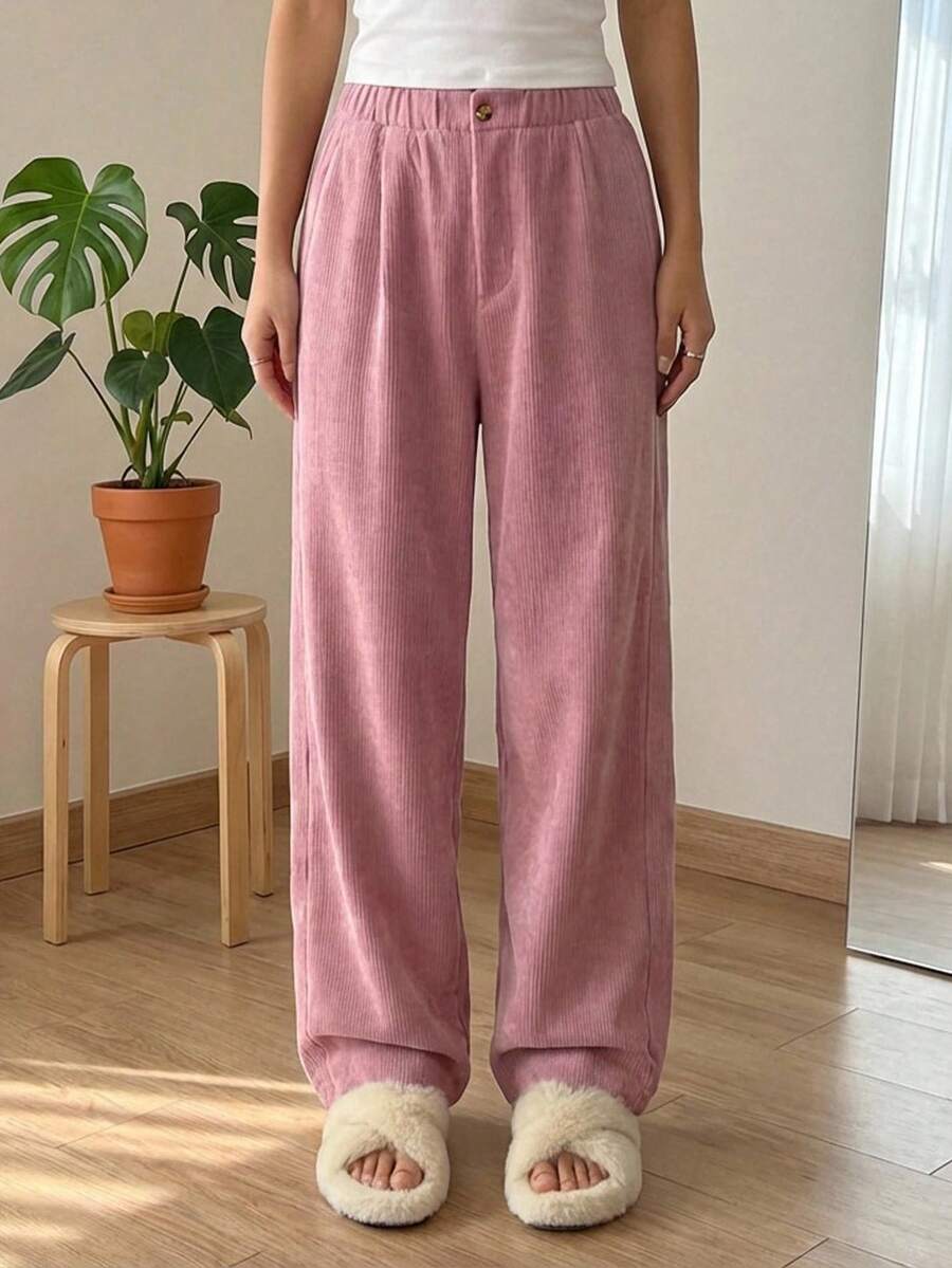 SHEIN Quần ống rộng chất liệu nhung kẻ kiểu cổ điển dành cho bé gái tuổi teen, thích hợp cho mùa thu/đông. - Hồng - Xem 1