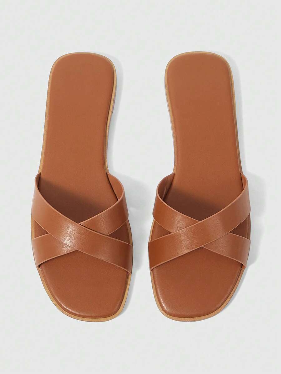 Sleekvia 女士夏季交叉绑带圆头平底鞋，百搭黑色棕色 - 棕色 - 查看 1