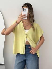 EURMUSE Shimmering Sequin Knit V-Neck Loose-Fit Cardigan - Yellow - View 1