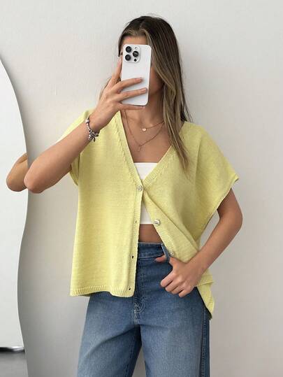 SHEIN Shimmering Sequin Knit V-Neck Loose-Fit Cardigan